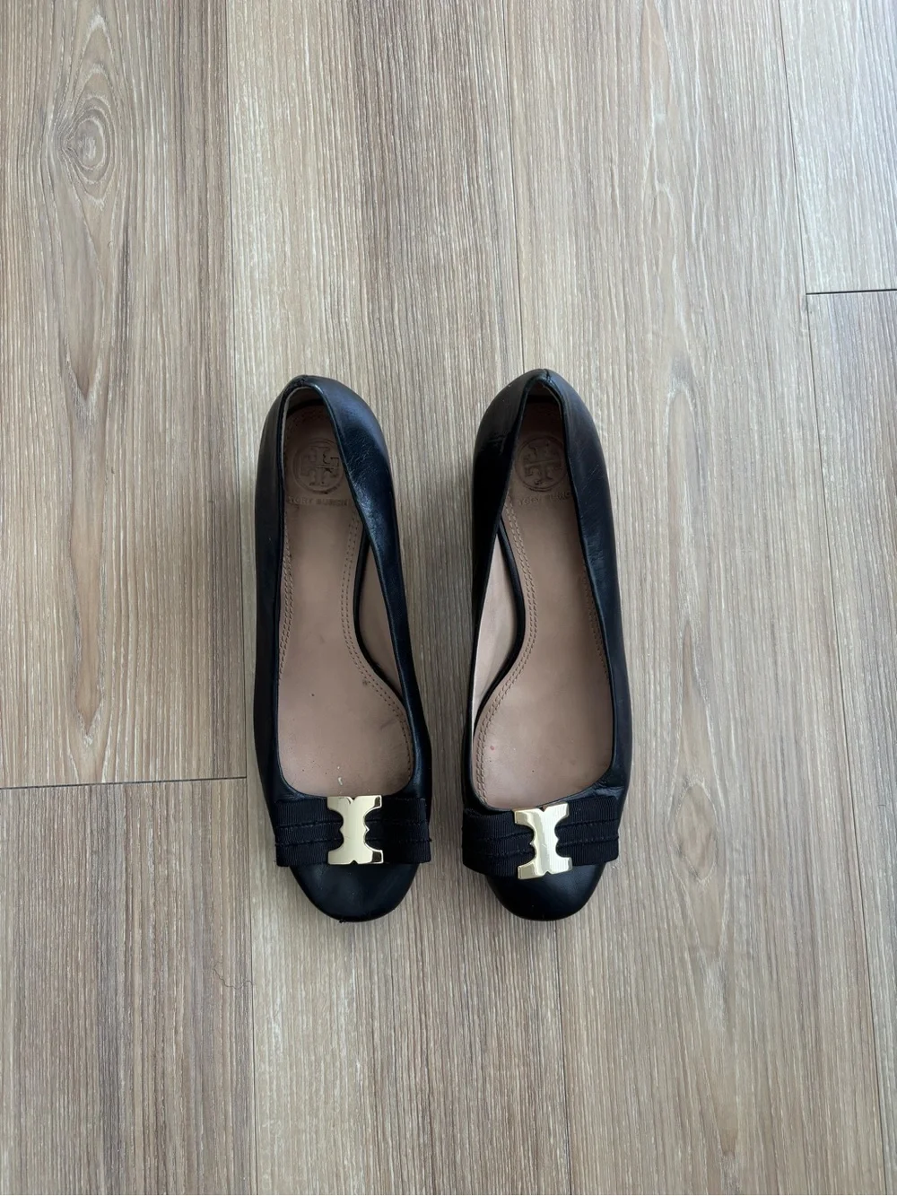 Tory Burch Heels Gemini Link Black Leather Logo Pumps Womens 8 Office Classic